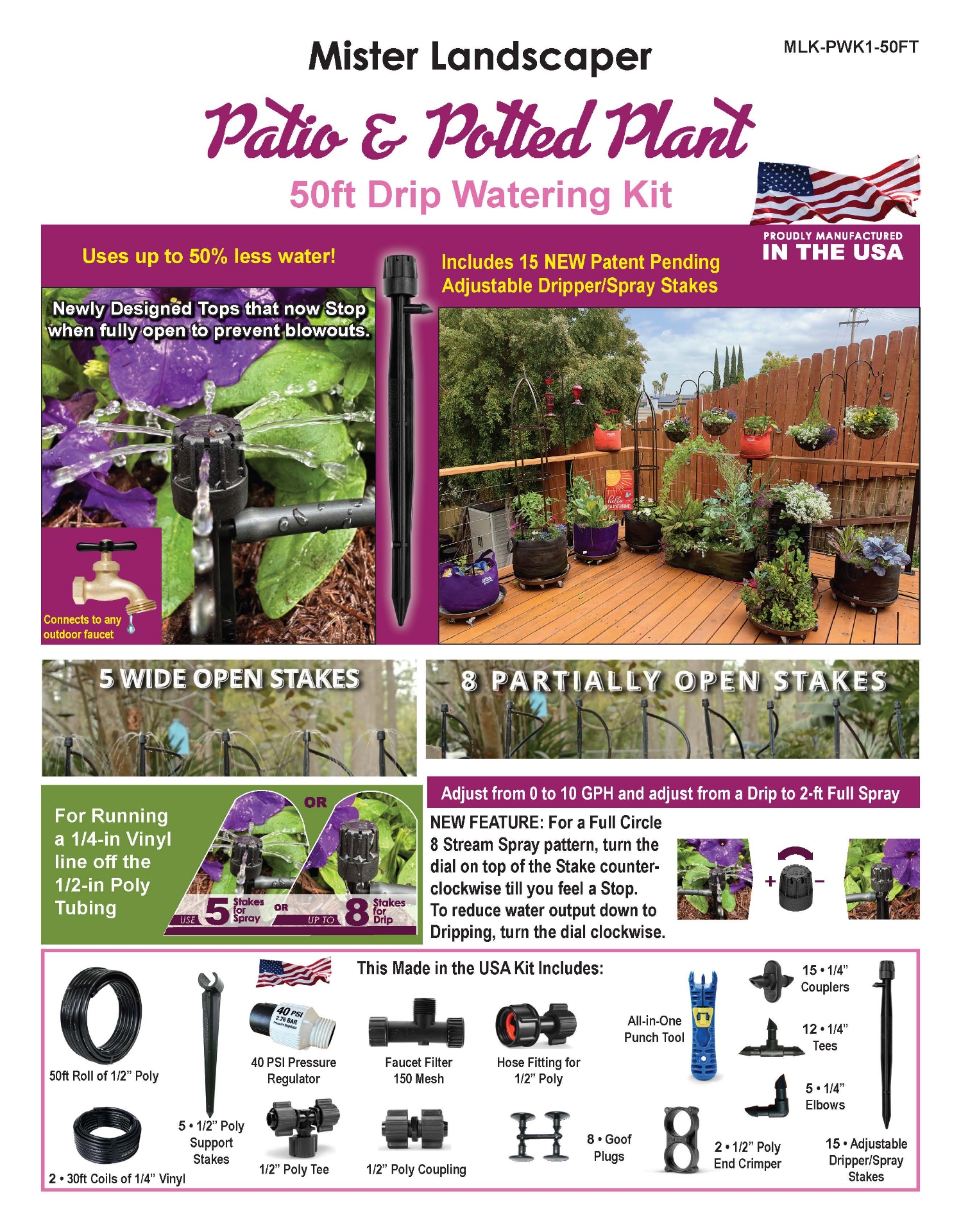 Picture of Patio & Potted Plant 50' Drip Watering Kit W/15 New Adj Drippers